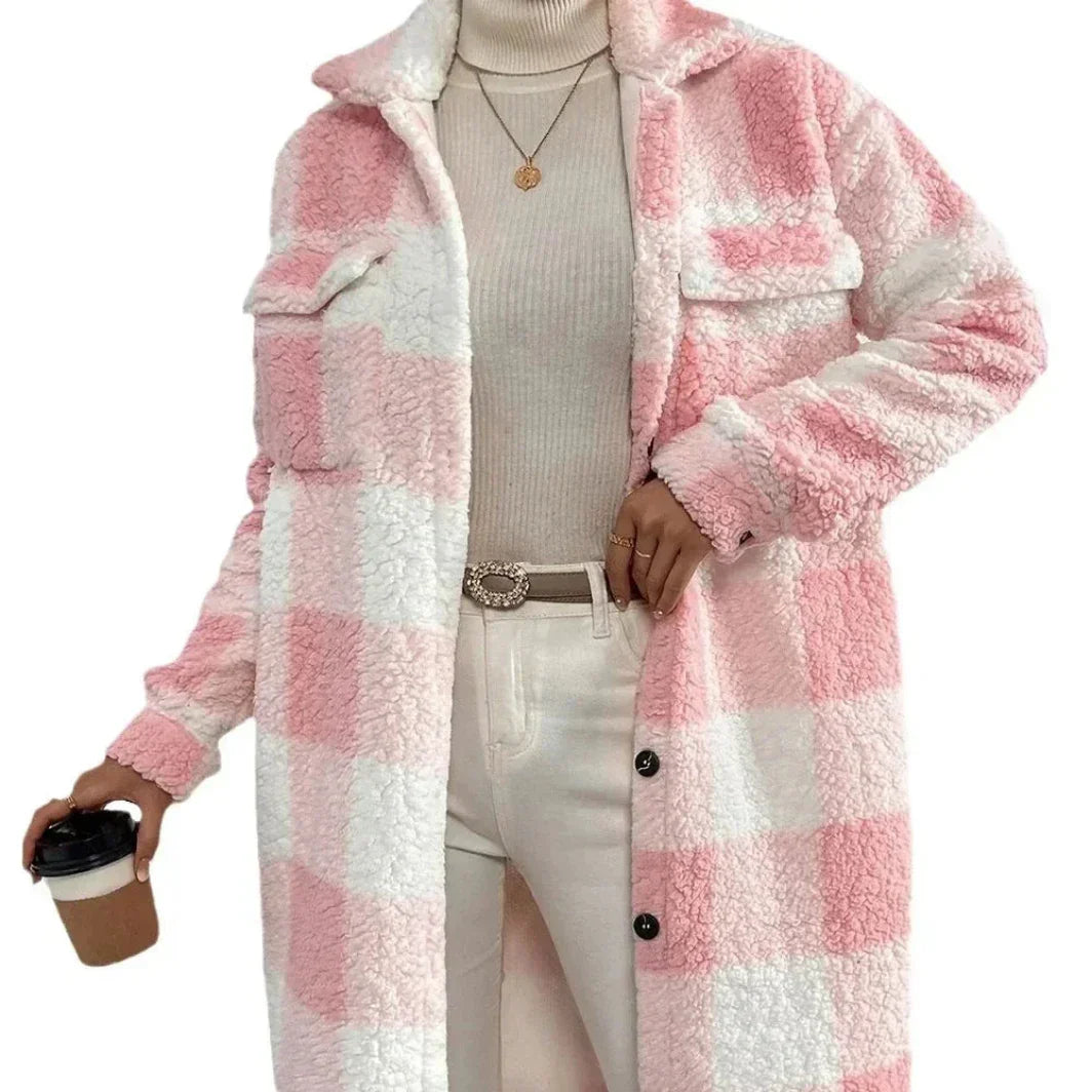 Longline plaid trench coat with faux fur trim, open lapel, relaxed loose fit in classic heritage tones