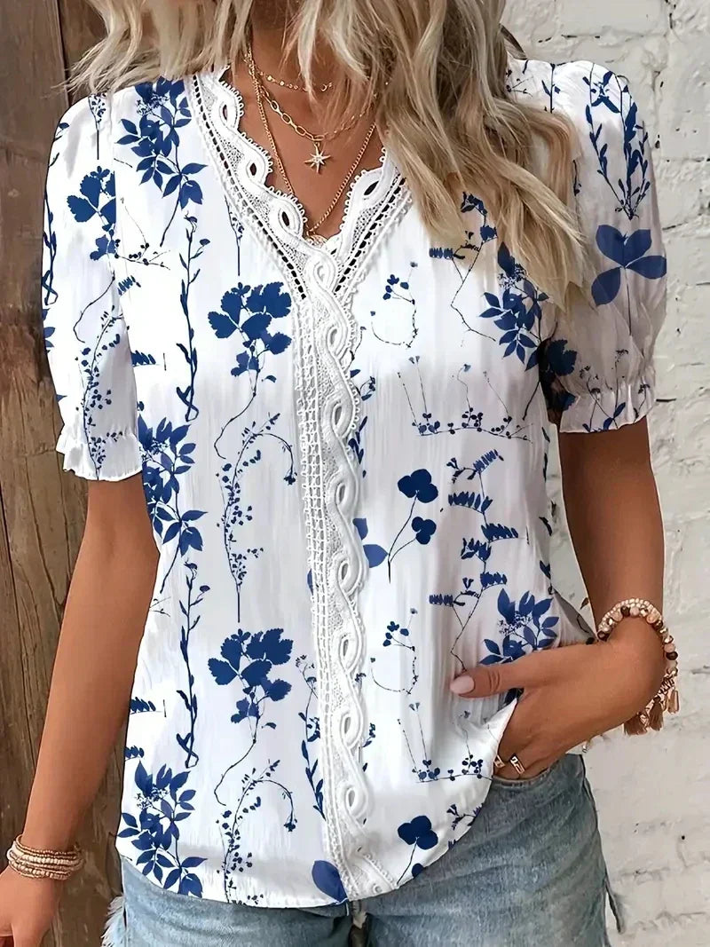 Floral lace V-neck blouse relaxed fit feminine detailing elegant everyday style