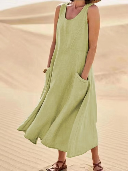 Women's beige cotton linen sleeveless maxi sundress loose fit with pockets, casual beachwear