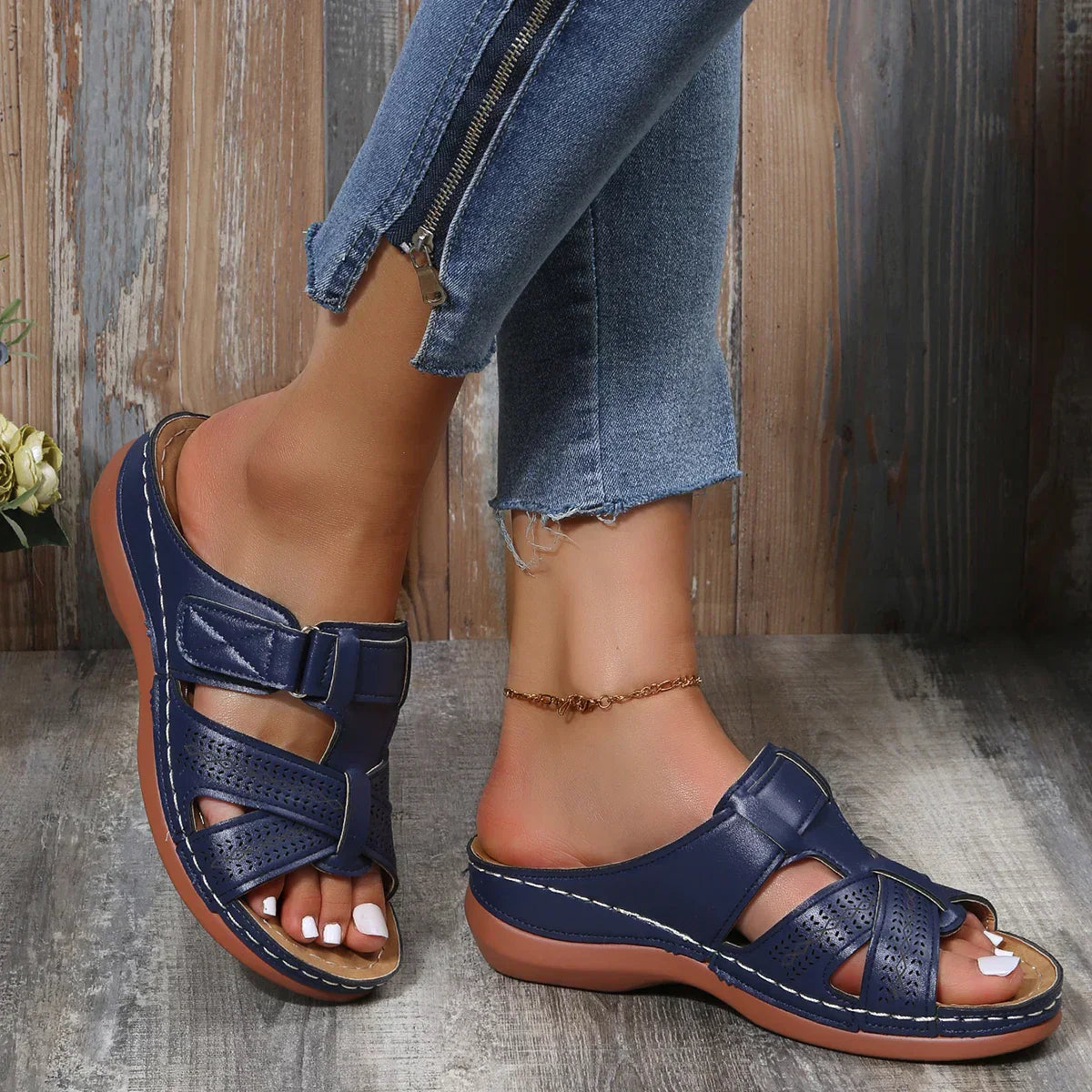 Women's comfort cushioned wedge sandals in neutral tones with contoured footbed support