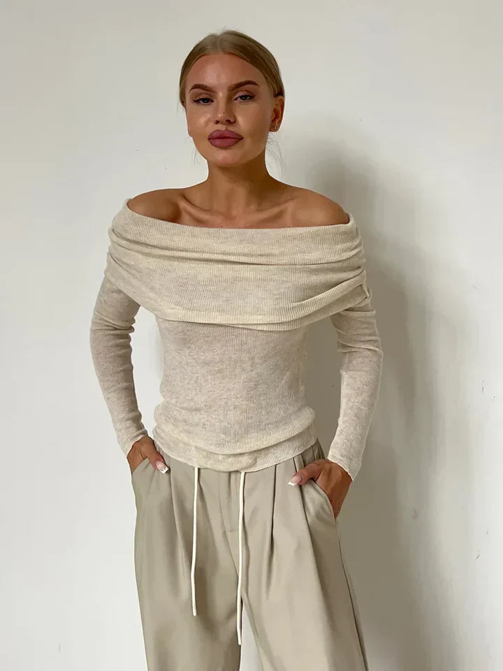 Women's off-shoulder ribbed knit sweatshirt fitted silhouette long sleeve top casual chic style