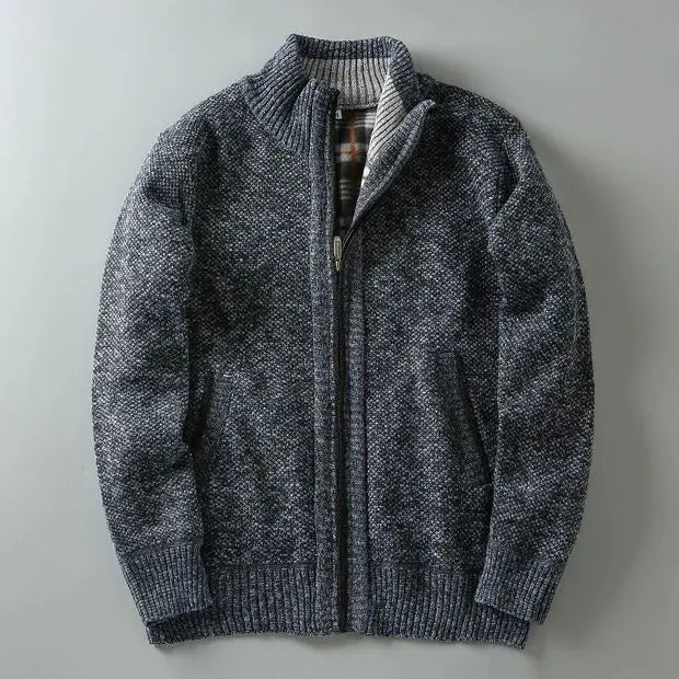 Millstone textured knit sweater in earthy tones, slim-fit fleece-lined pullover with full front zip