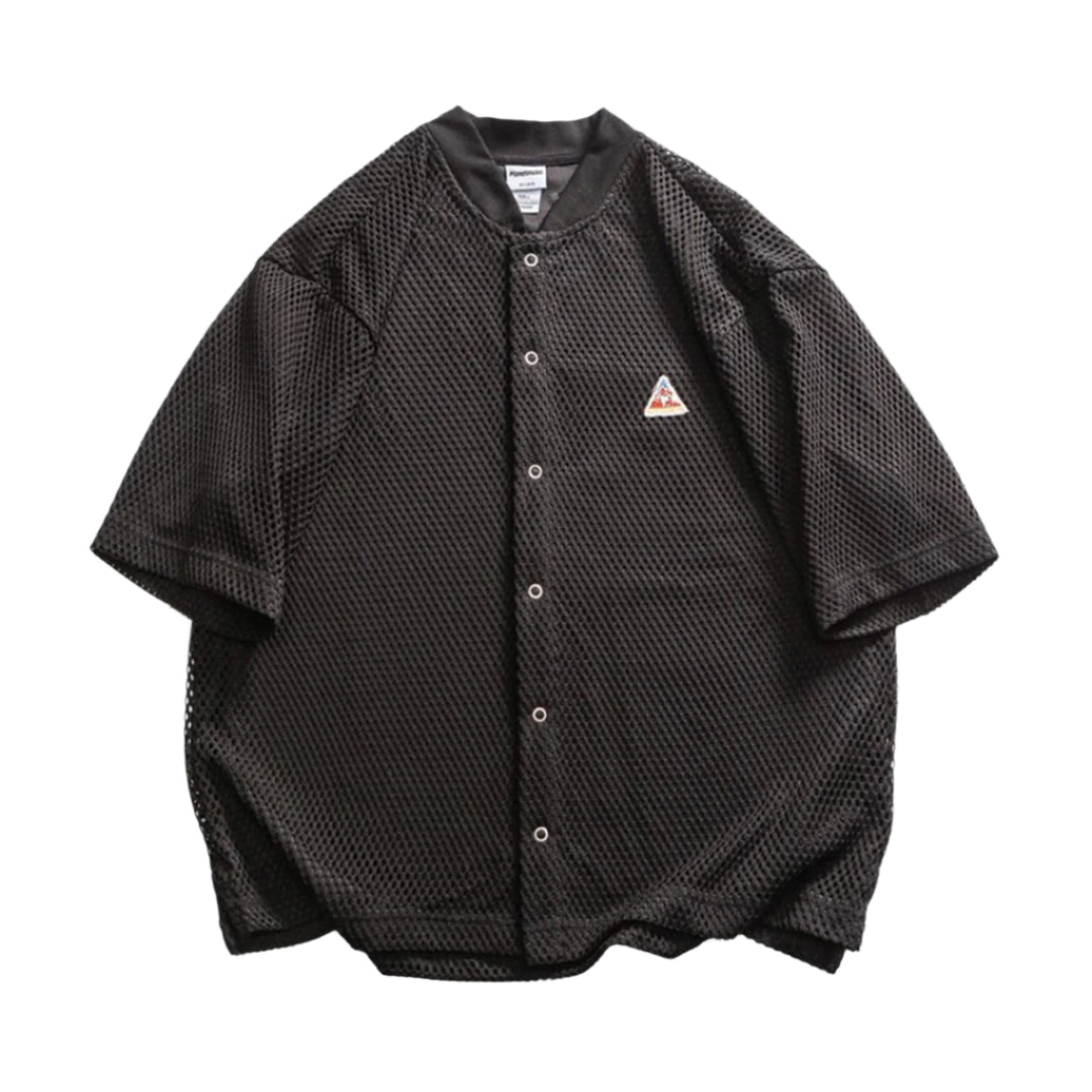 Men's white lattice mesh court shirt, relaxed fit with breathable open-weave fabric for athletic wear