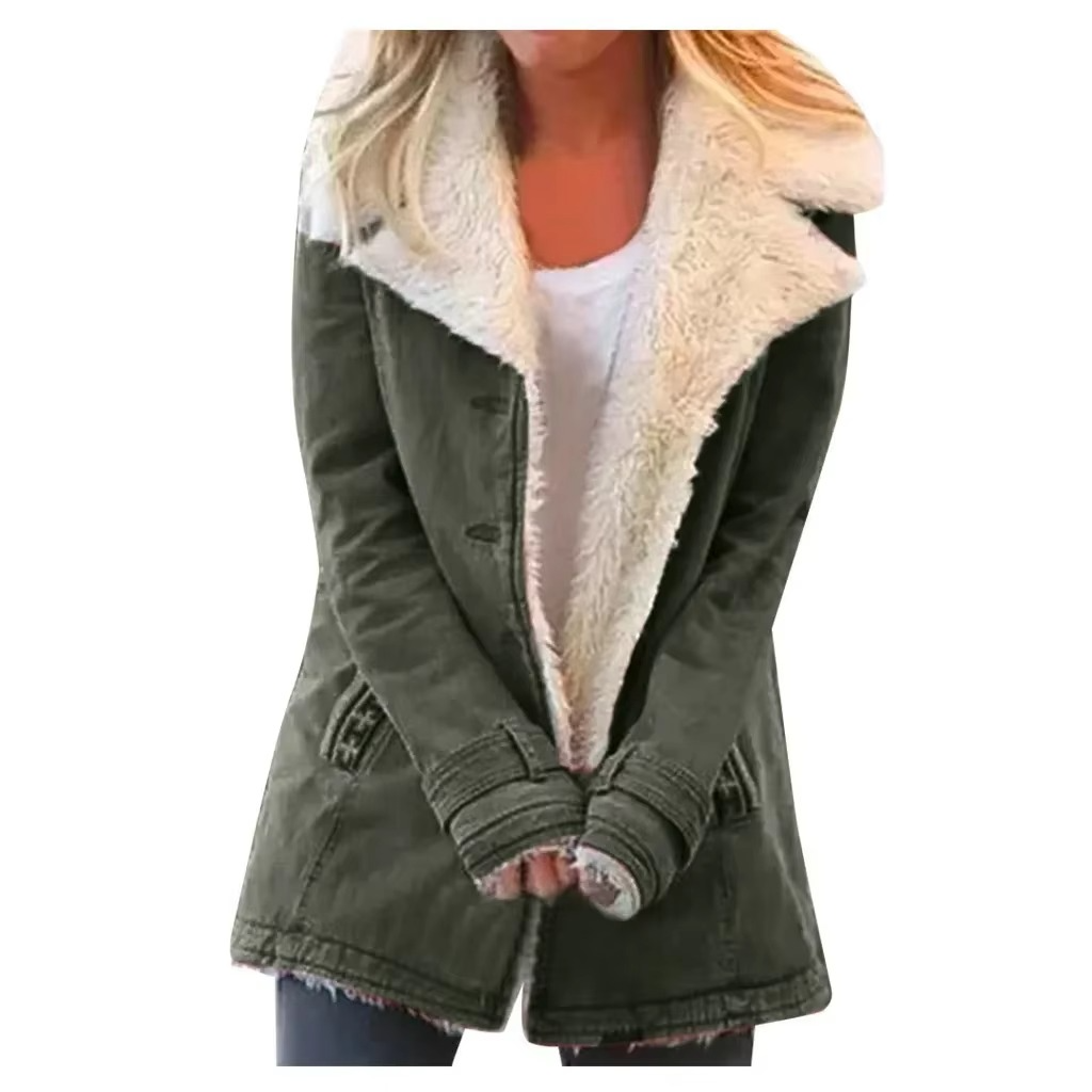 Women's cozy plush lapel coat in warm tones, tailored silhouette with sophisticated collar detail