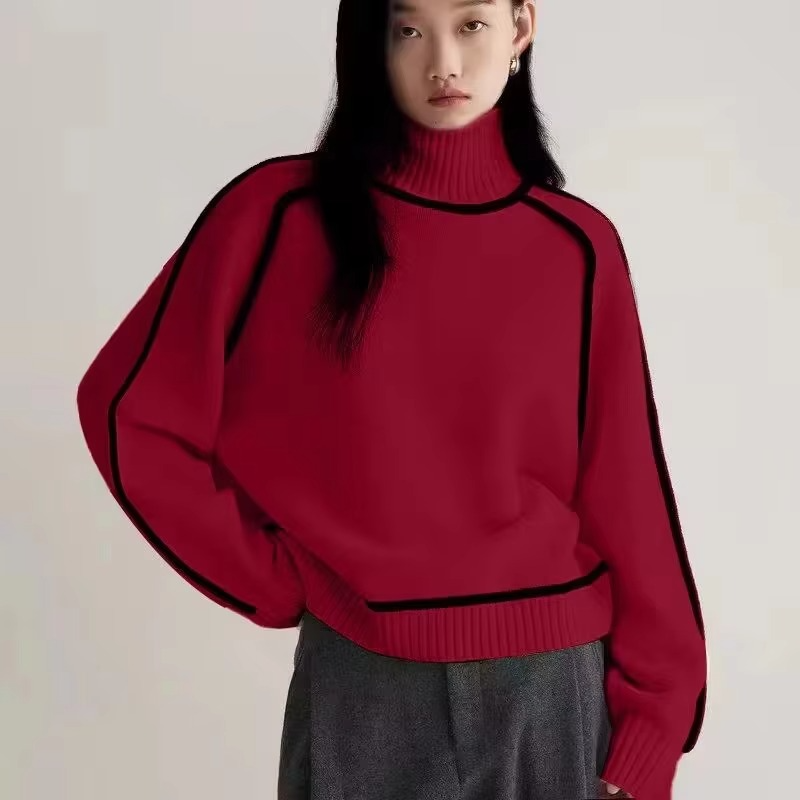 Women's striped turtleneck knit pullover sweater, loose fit long sleeve cozy warmth style