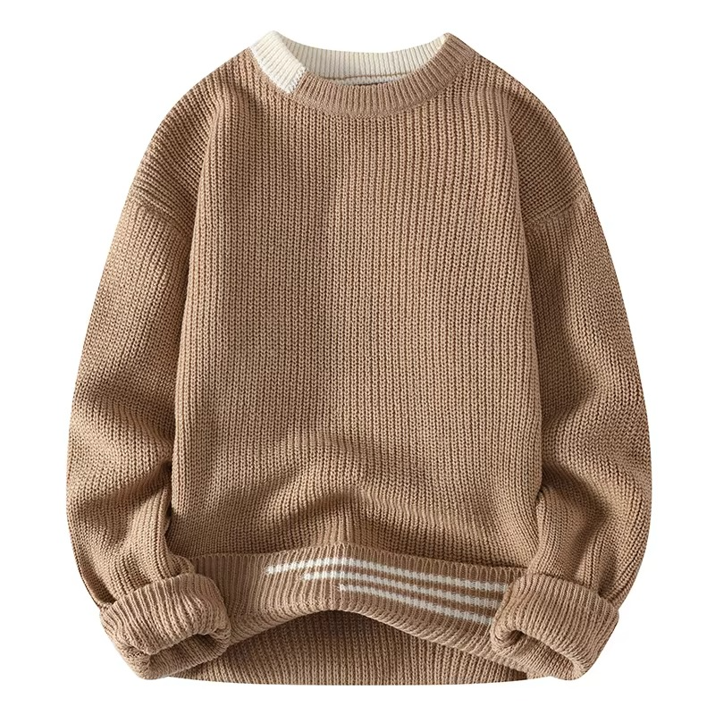 Men's slim fit patchwork knit sweater O-neck pullover with contrast panels for everyday warmth