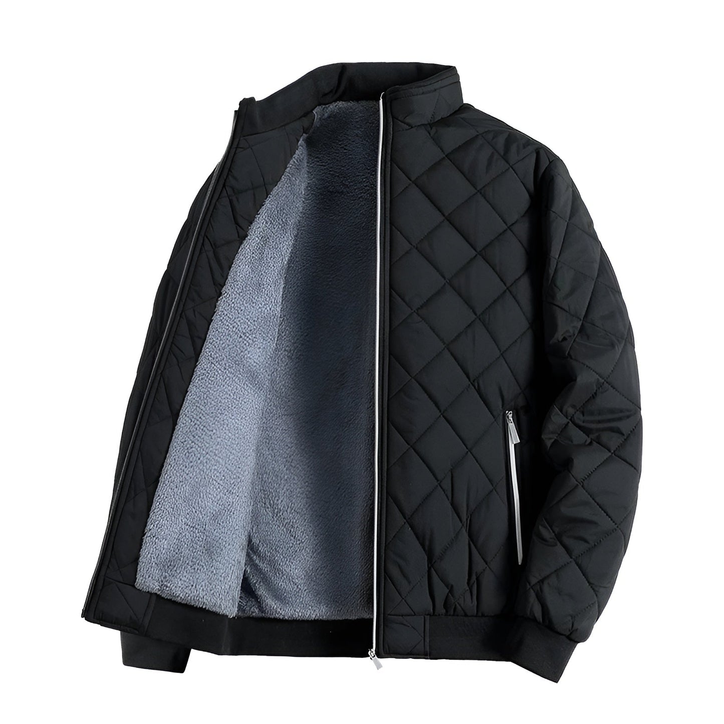 Quilted thermal jacket with diamond pattern, high stub collar, fleece lining, and chrome zipper