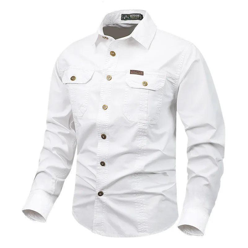 Men's olive utility button-down shirt with durable fabric and multiple chest pockets for outdoor adventures