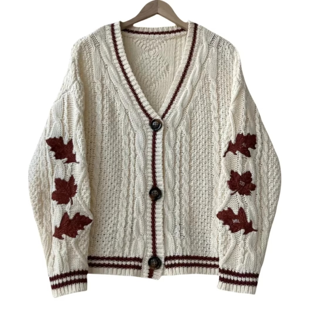 Women's rust knit cardigan with autumn maple leaf embroidery, cozy midweight relaxed-fit layer