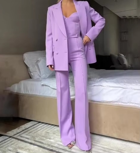 Mint green women's three-piece blazer set with corset top and wide-leg flare pants tailored fit