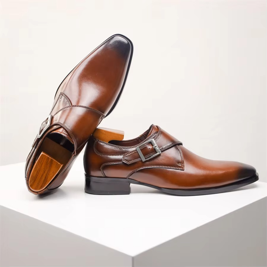 Men's black genuine leather pointed toe monk strap dress shoes with buckle closure for formal wear
