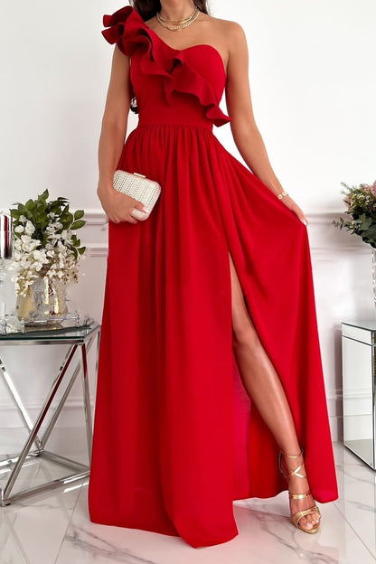 Women's black asymmetric one-shoulder evening gown with ruched bodice and high slit
