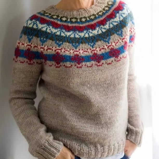 Color block loose fit women's knit top, round neck, full sleeves, multicolor relaxed style