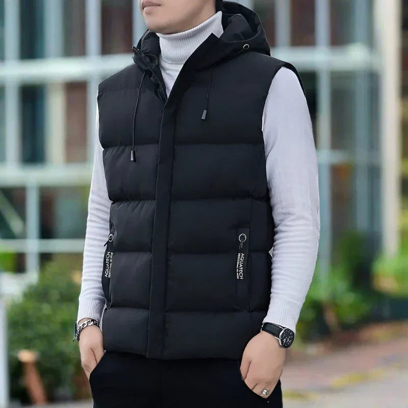 Men's slim fit quilted insulated hooded vest with zipper pockets, lightweight layering piece