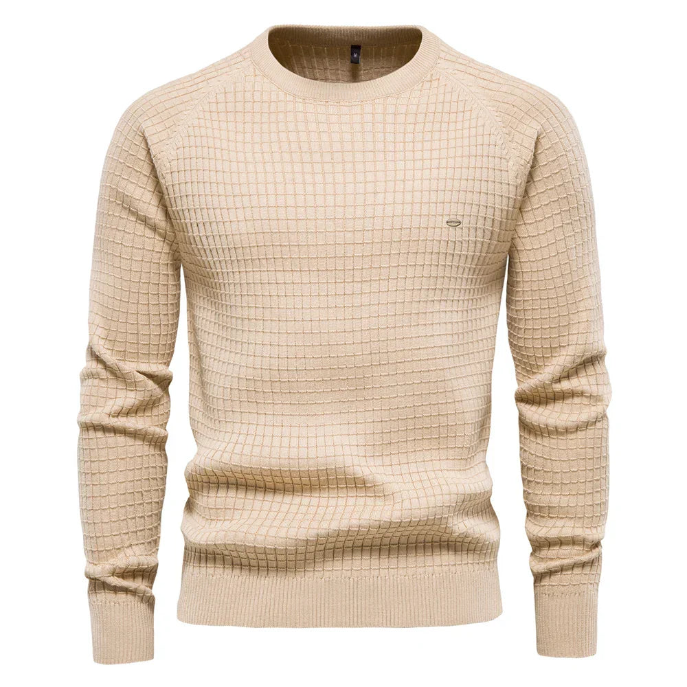 Men's navy grid-pattern crewneck sweater True North ultra-soft slim fit premium knit