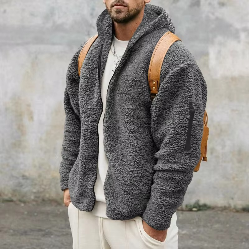 Men's reversible fleece hooded jacket cozy dual-sided warmth slim fit autumn winter outerwear