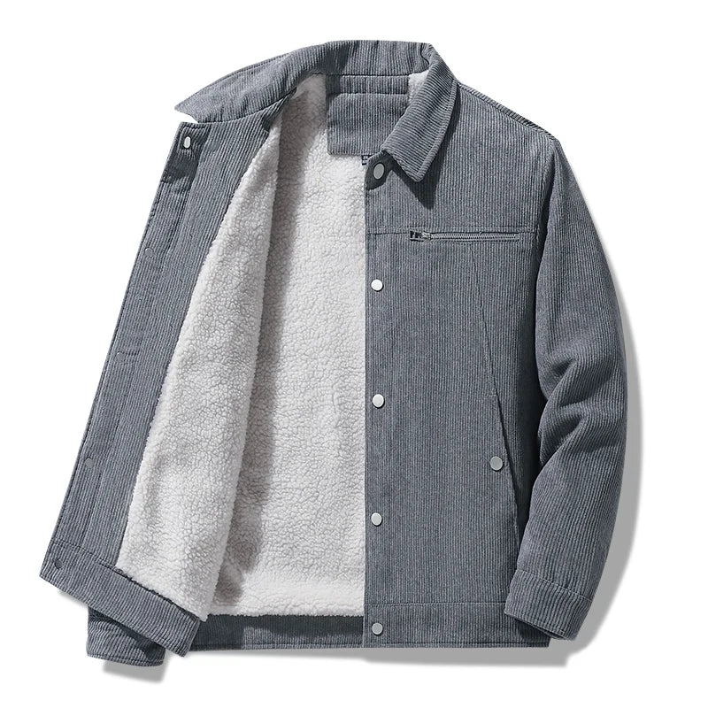 Ribbed corduroy jacket with fleece lining, structured fit, turn-down collar, and shiny metal hardware