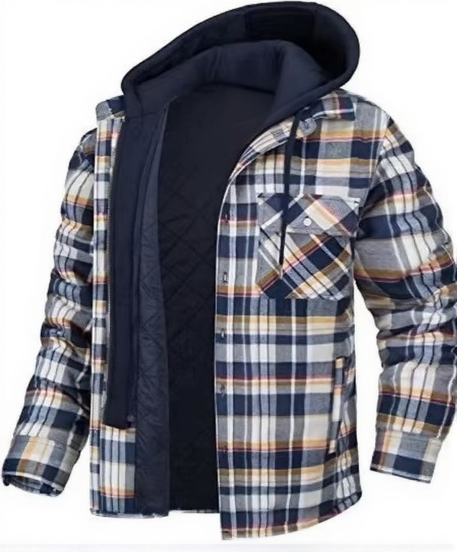 Men's thick plaid hooded winter jacket insulated quilted lining for outdoor city wear