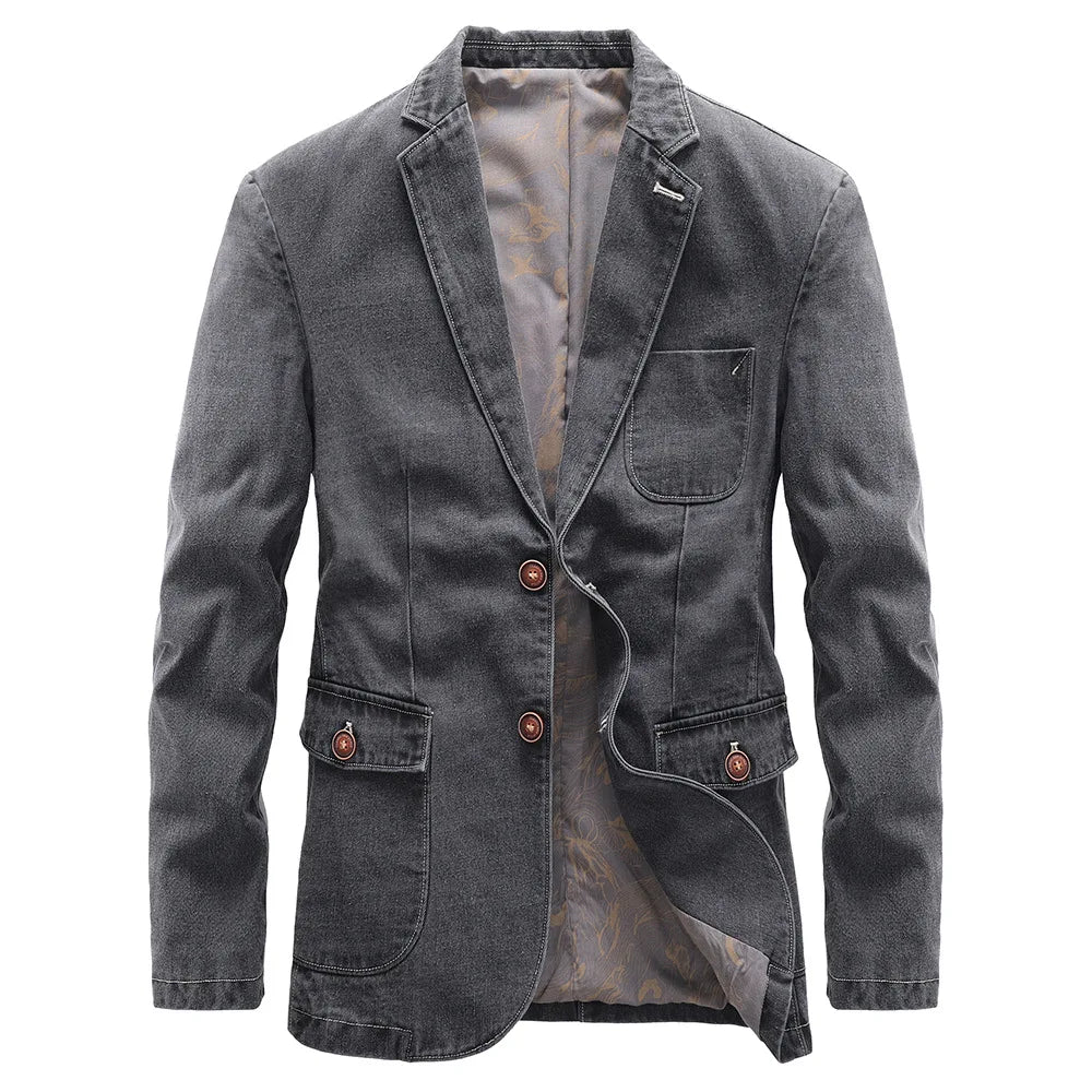Men's blue denim blazer smart casual notch lapel two-button jacket with contrast stitching