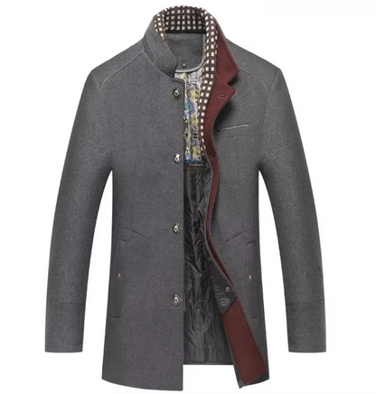 Men's charcoal wool blend overcoat with draped scarf collar, tailored silhouette for fall winter