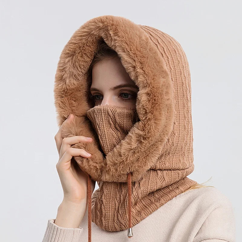 Women's cable knit balaclava with faux fur trim drawstring, fitted winter head neck coverage