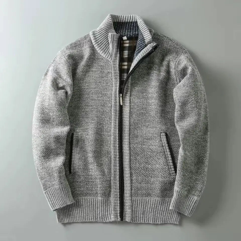 Millstone brown textured knit sweater full zip fleece-lined slim fit ribbed cuffs cozy cold weather layer