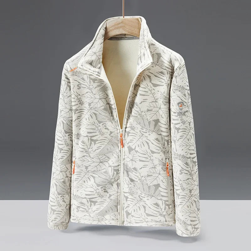 Men's textured plush fleece jacket with high collar, zip pockets, casual standard fit warm layer