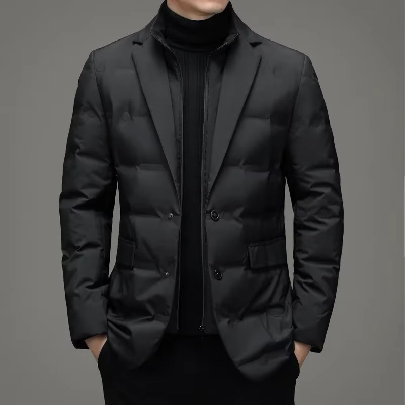 Men's winter stand collar blazer jacket two-piece look warm insulated business coat