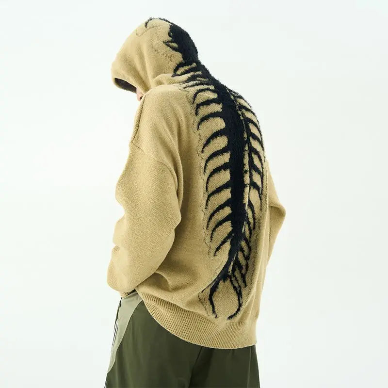 Anthracite grey knit hoodie with giant spine centipede motif and grunge jagged lettering