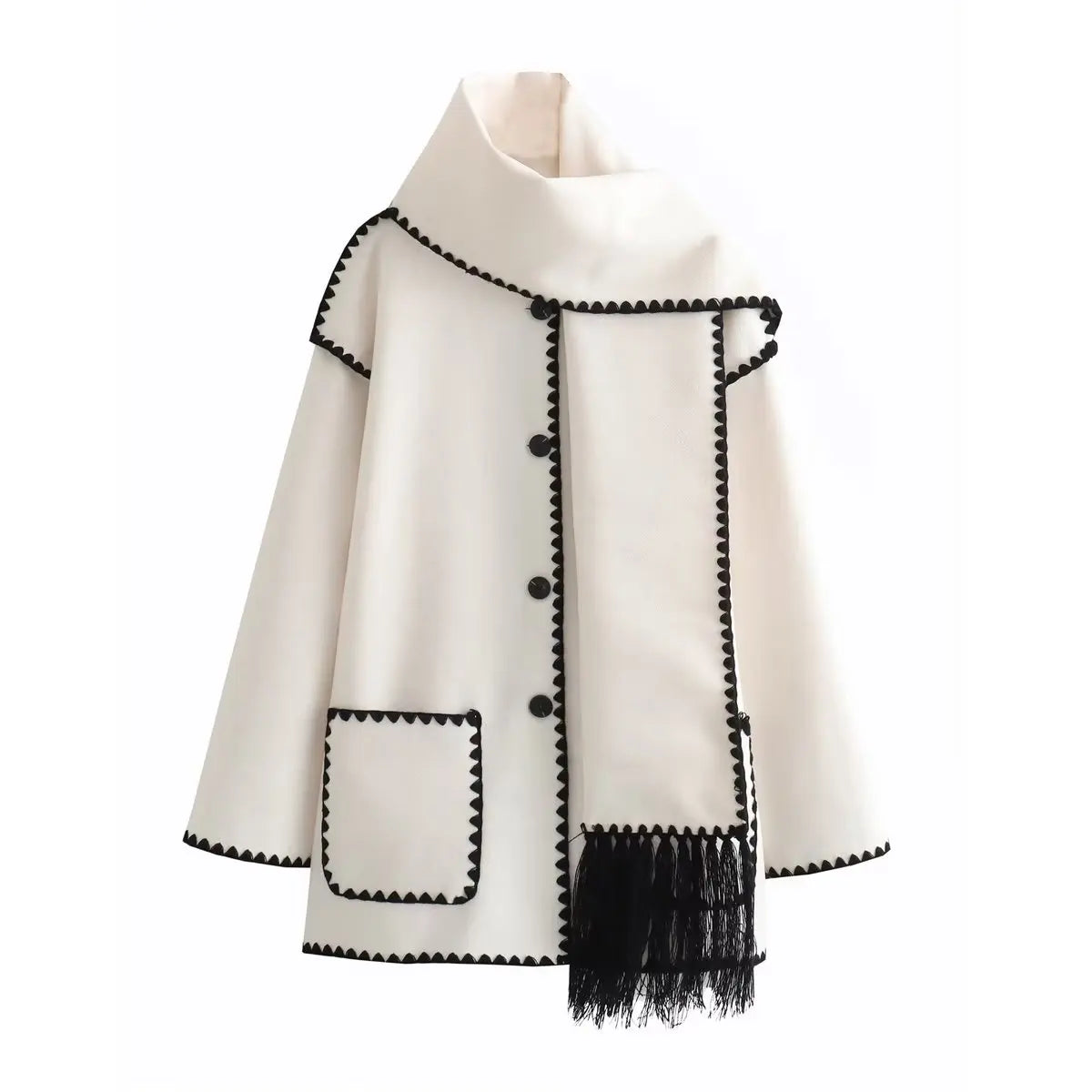 Camel wool blend french coat with integrated scarf and bold whipstitch contrast detailing