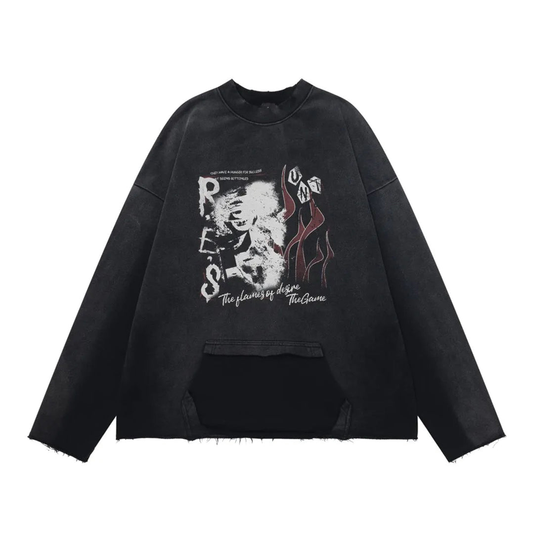 Oversized black long sleeve cotton t-shirt with distressed wash, raw-edge finishing and flame graphic
