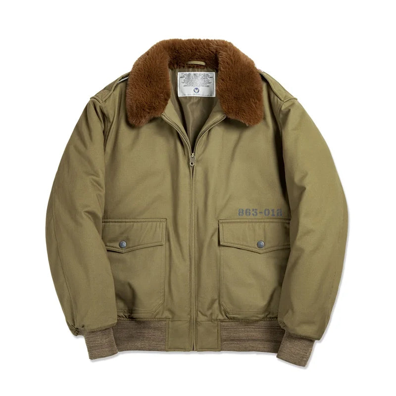 Olive green heritage airforce bomber jacket with luxurious fur-lined collar and multiple pockets