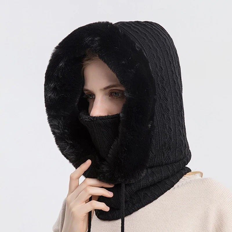 Women's cable knit balaclava with faux fur trim drawstring, fitted winter head neck coverage