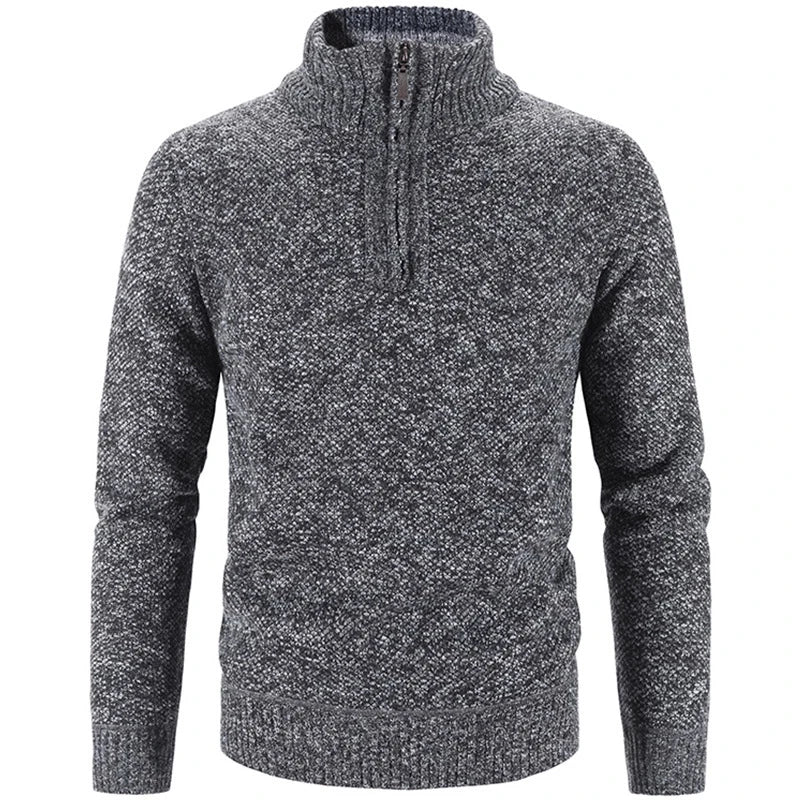 Men's structured knit quarter-zip sweater with high collar and ribbed edge detailing for smart-casual wear