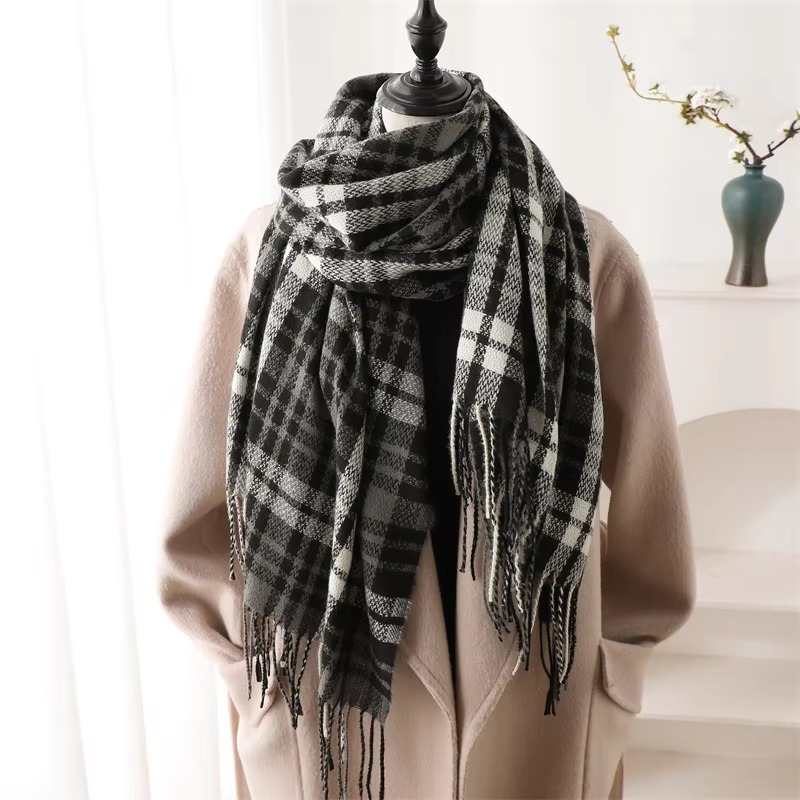 Women's plaid cashmere winter scarf in warm tones, thick pashmina shawl with decorative tassels