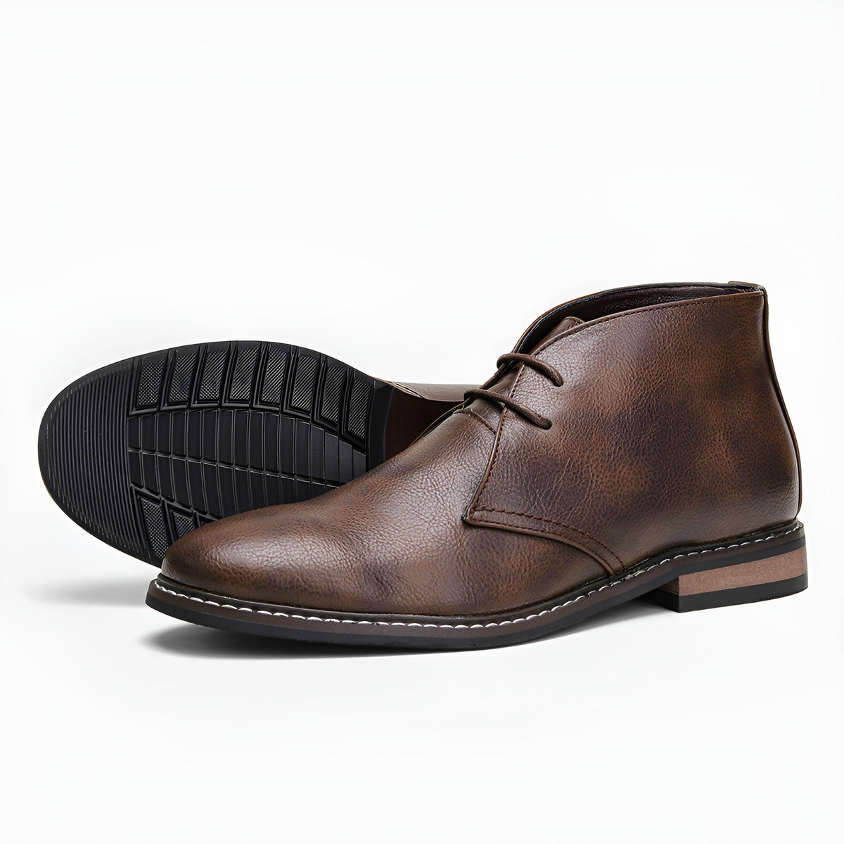 Men's tan vegan leather desert boot with timeless silhouette and flexible non-slip rubber outsole