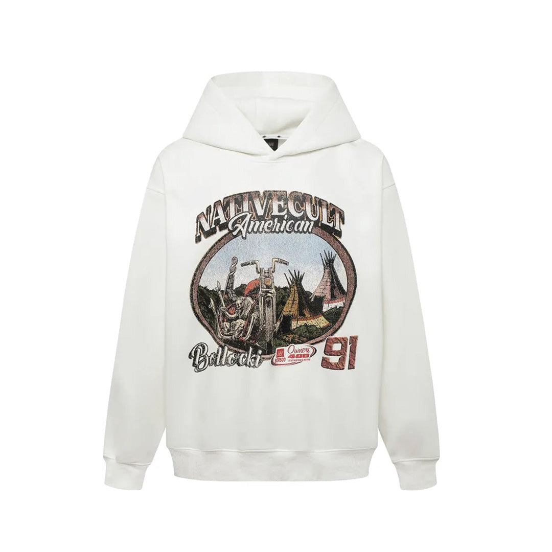 Oversized washed cotton hoodie with vintage Native American motorcycle graphic print in retro Americana style