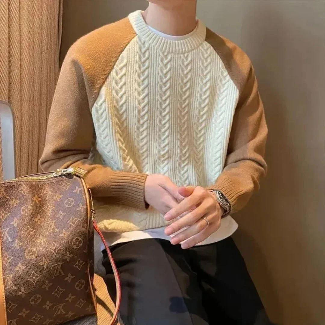 Cream cable-knit sweater with contrasting raglan sleeves, soft wool blend smart-casual style