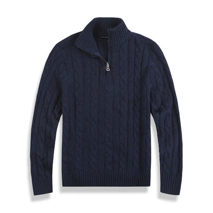 Men's gray cable knit half-zip sweater wool cotton blend high collar ribbed details