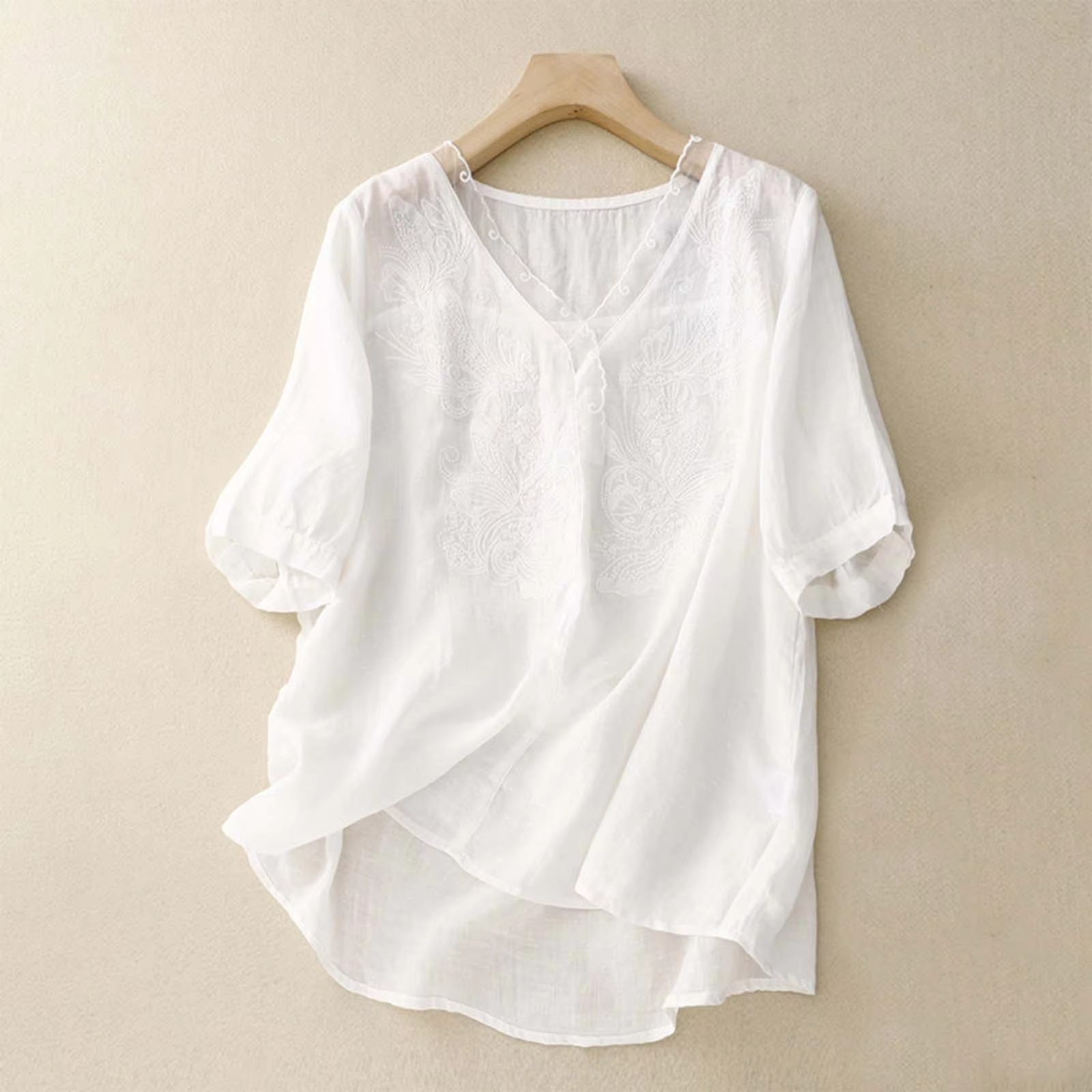 Women's vintage cotton linen V-neck blouse, breathable lightweight summer top with relaxed fit