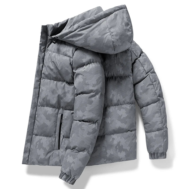 Munich camo hooded jacket with pixelated dark-tone print, tailored insulated fit for winter