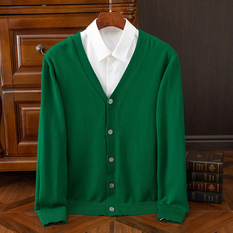 Men's grey cashmere wool blend cardigan with V-neck relaxed fit and refined heritage styling