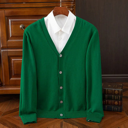 Men's grey cashmere wool blend cardigan with V-neck relaxed fit and refined heritage styling