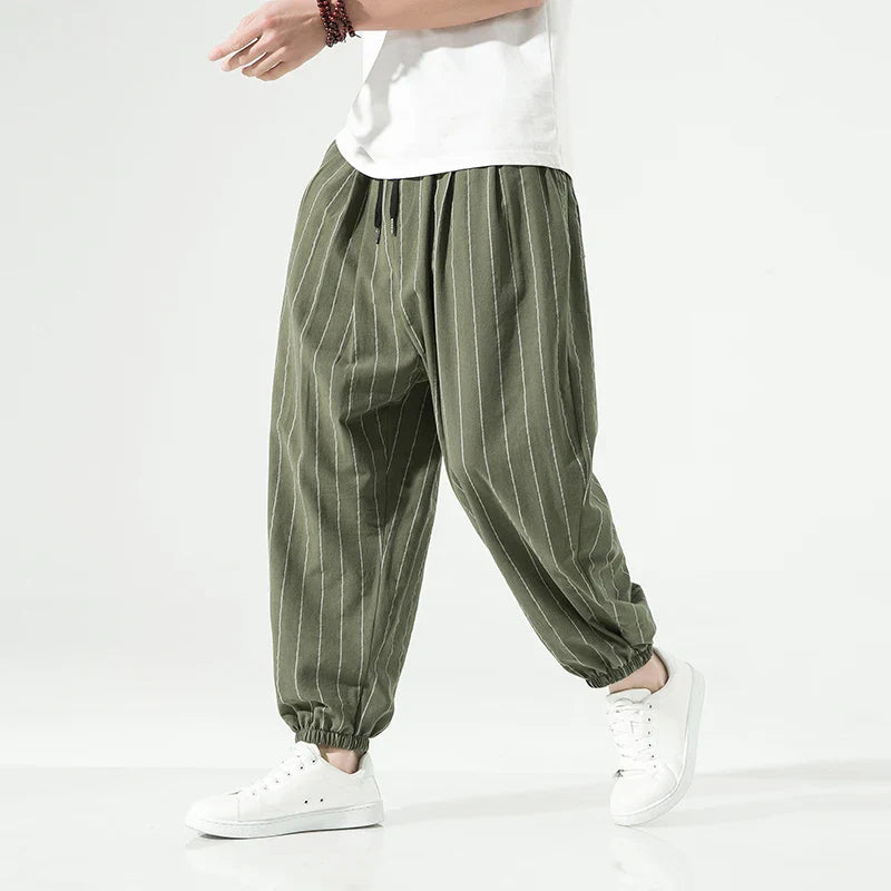Men's white pinstripe cotton trousers relaxed fit with elastic waistband, TrendAura premium style