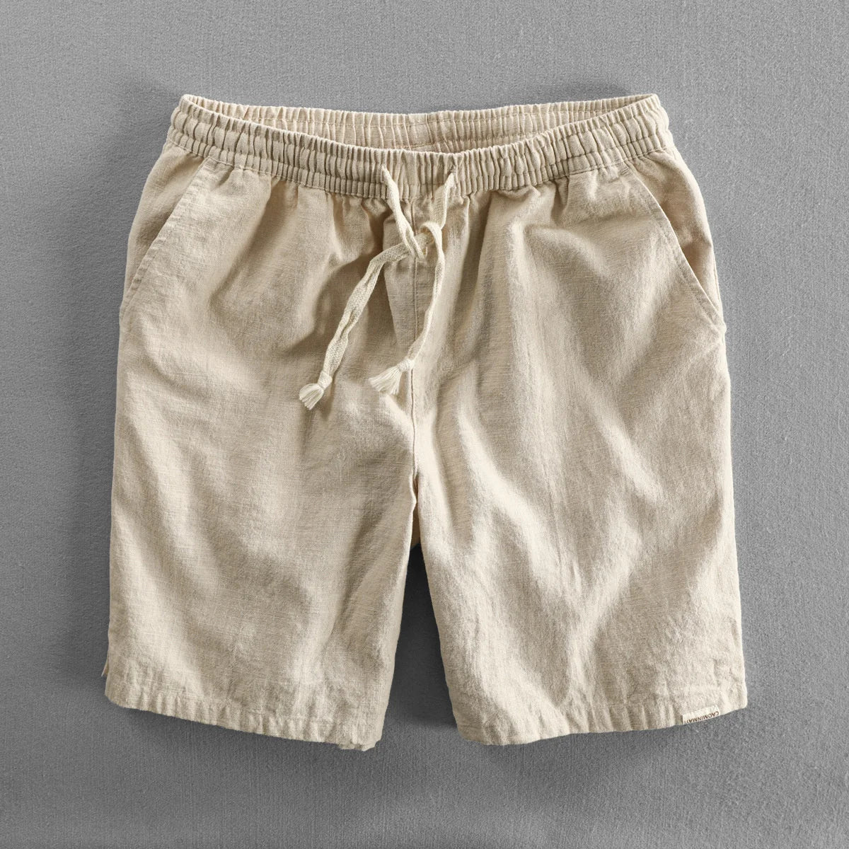 Men's beige cotton-linen tailored shorts with adjustable drawstring waist for summer style
