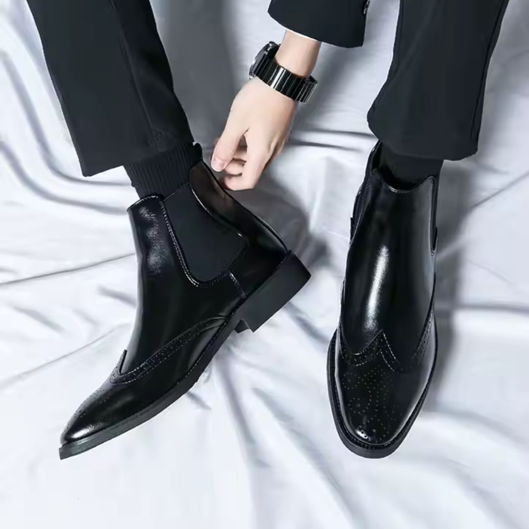 Men's black waterproof PU Chelsea boots slip-on style with breathable lining and slip-resistant rubber sole