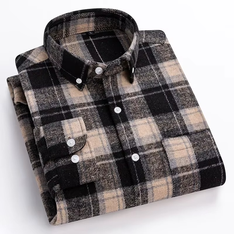 Men's plus size plaid long sleeve shirt in 7XL cotton blend with single chest pocket
