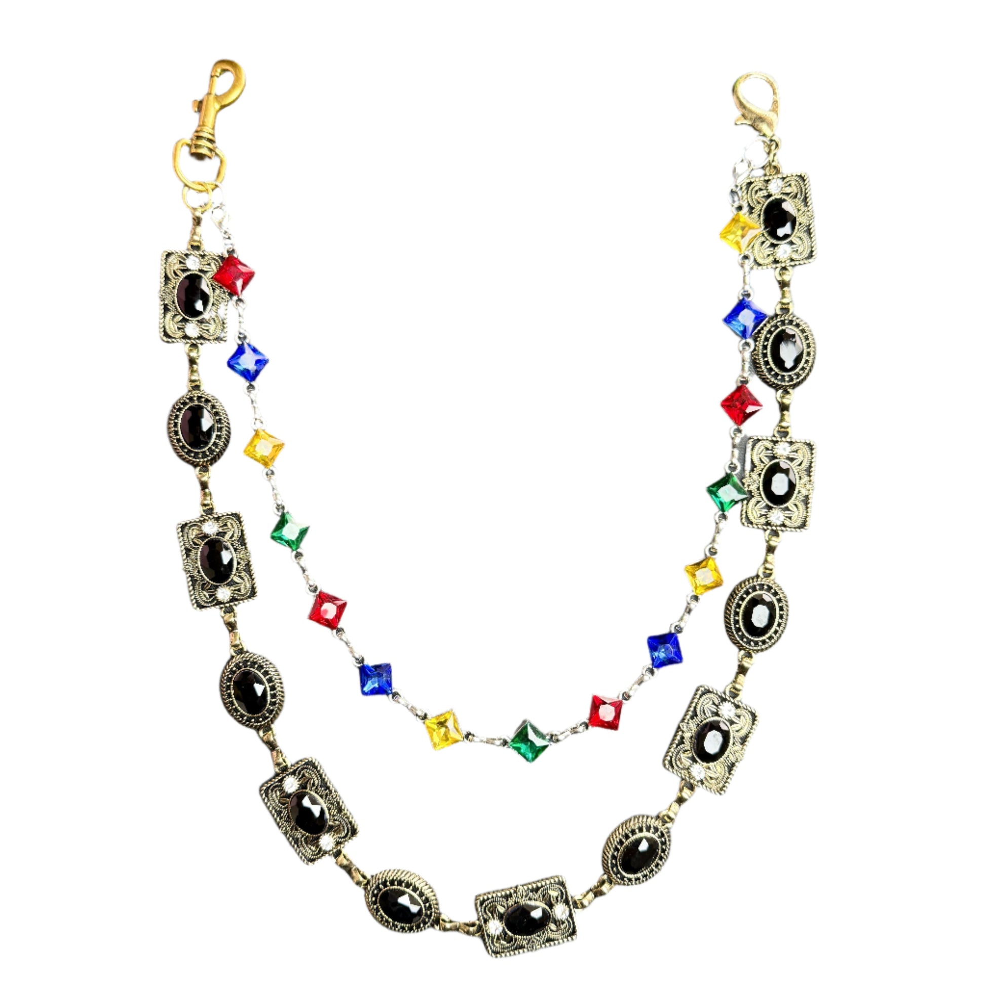 Silver gold plated wallet chain with agate glass gemstones, artisanal craftsmanship, brilliant light-reflecting finish