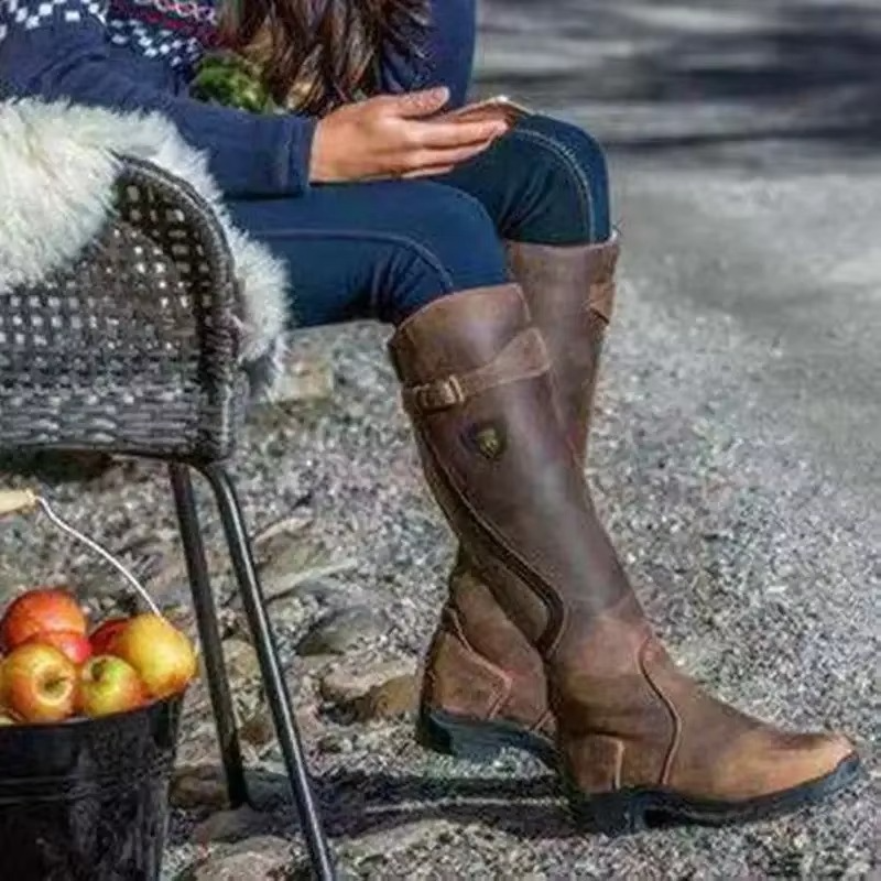 Women's black PU leather retro ankle boots with side zipper, buckle detail, and round toe