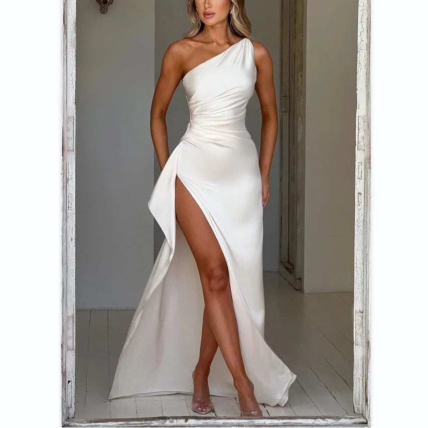 Lily one-shoulder satin dress with ruched waist, sleek formal silhouette in classic glamour style